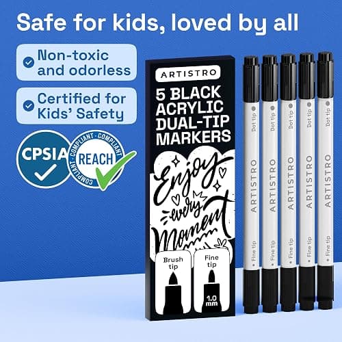 ARTISTRO 5 Black Dual-Tip Acrylic Paint Markers – Paint Pens Set with Dot & Fine Tips for Fabric, Rock, Glass, Wood, Coloring Books – Arts & Crafts Gift – Classroom Must Haves & School Supplies thumbnail 6