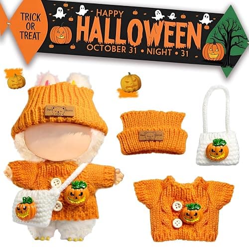 Clothes for LABUBU Doll (NO Doll), 3-Piece Handcrafted Crochet Accessories for LABUBU 17cm Dolls, Premium Fashion Outfit for LABUBU Dress Up - Pumpkin Sweater + Hat + Bag thumbnail 5