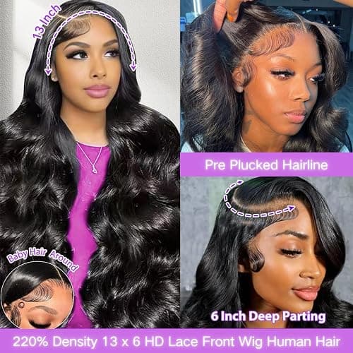 13x6 Lace Front Wigs Human Hair Body Wave HD Lace Wig 220% Density 28 Inch | Brazilian Virgin Hair Pre Plucked with Baby Hair HD Transparent Lace Frontal Human Hair Wigs for Black Women Natural Black thumbnail 2
