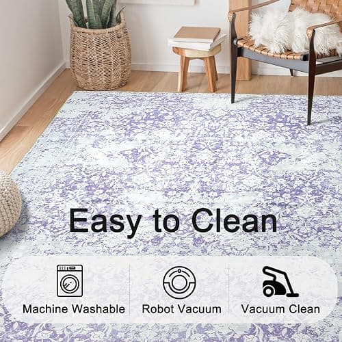 DUKINO Washable Area Rug 6x9, Boho Low-Pile Rugs for Living Room with Non Slip Rubber Backing, Soft Vintage Girls Carpet for Nursery, Living Room, Bedroom, Dining Room, Dorm Room, Office, Purple thumbnail 7