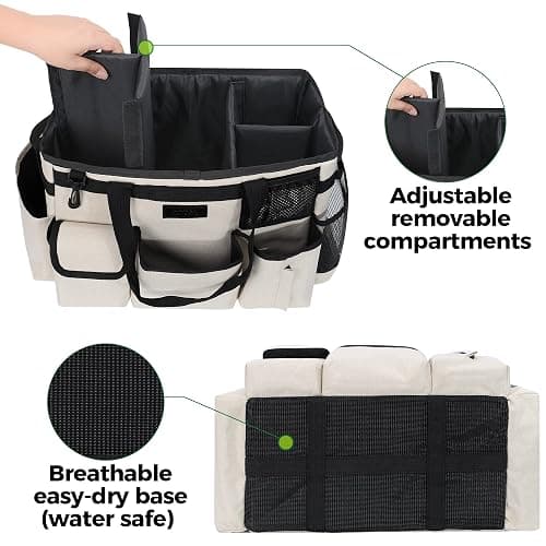 Cleaning Caddy Organizer with Handle - Large Caddy Bag for House & Bathroom Cleaning Supplies, 15 x 8 x 10.5 inches Cleaning Supply Caddy, Housekeeping Tote with Adjustable Strap - Beige thumbnail 6