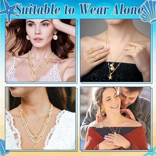Tondiamo 23 Pcs Seashell Starfish Jewelry Set Boho Summer Beach Mermaid Accessories Layered Charm Necklace Earrings Studs Bracelets Rings for Women Holiday Vacation Wedding Party Gift thumbnail 4