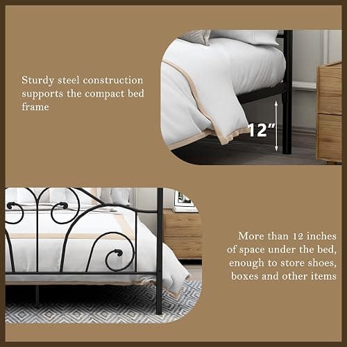 AUFANK Queen Size Four-Poster Metal Canopy Bed Frame with Headboard and Footboard Sturdy Slatted Structure No Box Spring Needed Black thumbnail 4