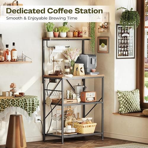 Huuger 4-Tier Bakers Rack with Reversible Power Outlet, 23.6 Inch Microwave Stand, Kitchen Coffee Bar, with Top Shelf, 6 S Hooks, Rustic Brown thumbnail 7