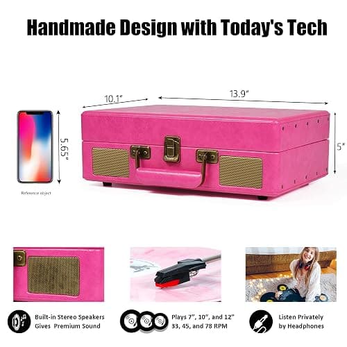 Vintage Bluetooth Suitcase Record Player with Built-in Speakers, 3 Speed Portable Turntable with USB Vinyl Audio Recorder RCA AUX-in & Headphone Jack (Pink) thumbnail 3