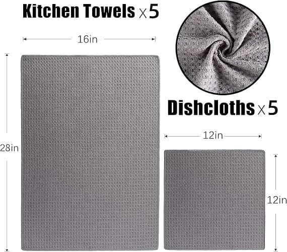 Vnoss Waffle Weave Microfiber Kitchen Towels and Dishcloths Set, 26 X 18 Inch and 12 X 12 Inch, Set of 10 Gray Lint Free Dish Towels for Drying Dishes thumbnail 3