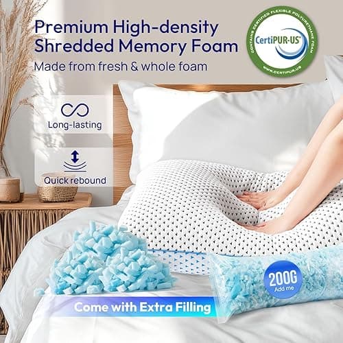 Adjustable Cooling Gel Memory Foam Pillows Queen Size for Sleeping 1 Pack,Firm Thick Bamboo Rayon Shredded Foam Bed Pillows for Side, Back, Stomach Sleepers Washable Breathable Pillowcase,College Dorm - White - Queen (Pack of 1) thumbnail 8