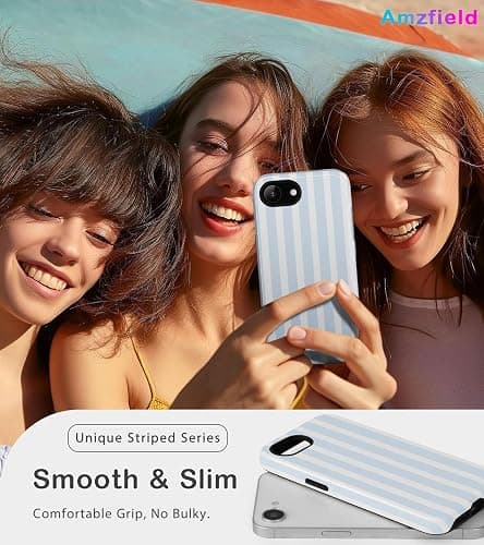 Amzfield Compatible with iPhone 16e/17e Case Cute Striped Aesthetic for Women Girls Simple Chic Girly Dual Layer Hybrid Protection Elegant Case for iPhone 16e for iPhone 17e-Blue thumbnail 6