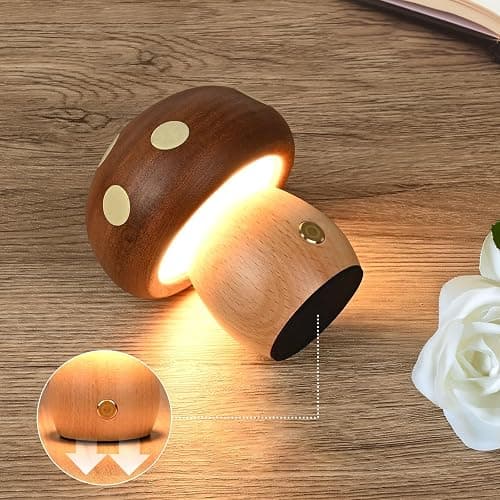 Richaa Wooden Mushroom Lamp - Rechargeable Touch Mushroom Night Light, Aesthetic Bedside Light Nature Decor Creative Gifts (Ebony + Beech) thumbnail 2