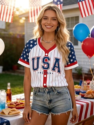 Women's American Flag Button Down Jersey Shirt Patriotic USA Short Sleeve Shirts 4th of July Baseball Tee Top thumbnail 2