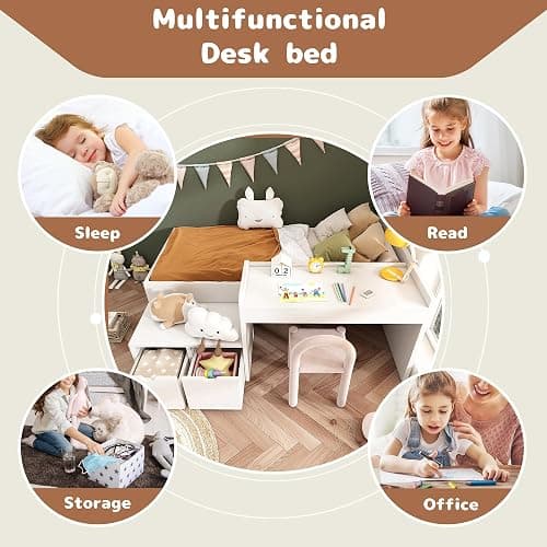 Merax Bunk Beds, Kids Single Wooden Storage Bed with Desk and Drawers, with Slatted Frame, Lying Surface for Teenagers & Adults, White, 90 x190 cm thumbnail 5