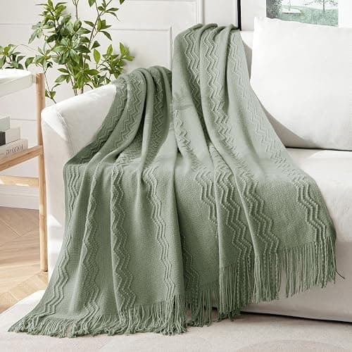 MIULEE Sage Knitted Throw Blanket for Couch Boho Green Textured Cozy Woven Decorative Farmhouse Blanket with Tassels for Sofa Chair Bed Living Room, Lightweight Spring Home Decor 50"x60" - Image 1