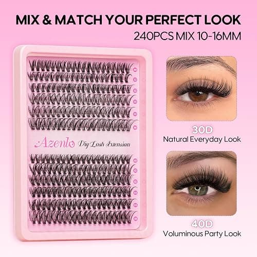 Azenlo Lash Clusters Kit, 240pcs DIY Lash Extensions Kit, 30D+40D Thin Band Lash Clusters, 10-16mm Soft Natural Volume Lashes for Beginners thumbnail 3