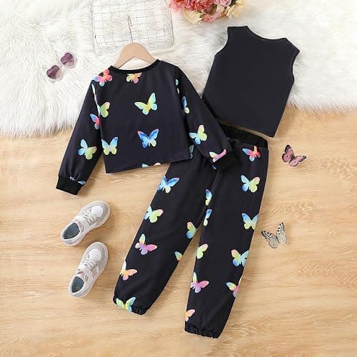 FJLSJSW Girls Long Sleeve 3 Piece Outfits Graphic Crop Sweatshirt Tank and Sweatpants Set thumbnail 6