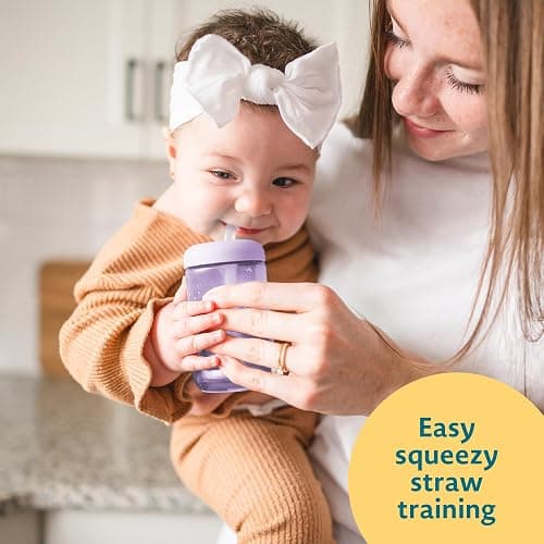 The First Years Squeeze & Sip Toddler Straw Cups - Squeezable Transition Sippy Cup with Silicone Straw - Toddler Feeding Supplies - Pink/Purple/Blue - 7 Oz - 3 Count - Ages 6 Months and Up thumbnail 2