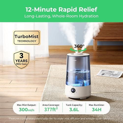 Homvana Humidifiers for Bedroom Home, 3.6 L Cool Mist Top-Fill 34H Super Long Time, Quiet 23dB, Baby Humidifier, Oil Diffuser for Large Room, Plants, Nursery, Office BPA FREE, 7 Color Light Ultrasonic thumbnail 3