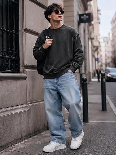 JMIERR Mens Acid Washed Cotton Crewneck Sweatshirt Long Sleeve Pullover | Ribbed Collar Cuffs, Relaxed Fit, Drop Shoulder, Y2K Streetwear Top, Vintage Casual Shirts, Fall Winter Fashion Outings thumbnail 2