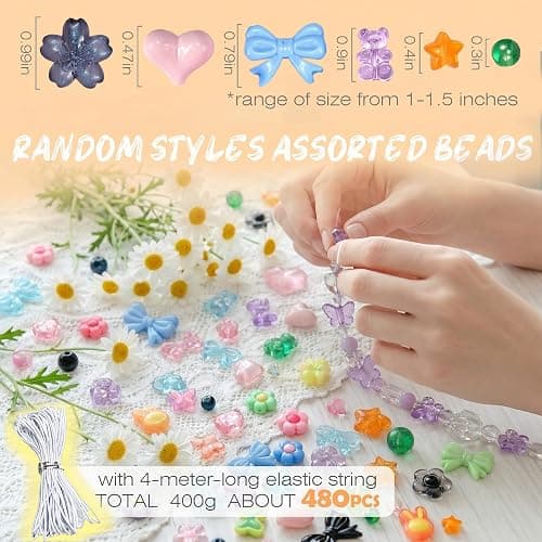 Sistenia 480PCS Acrylic Beads for Bracelet Making Kit with String, 6 Colors Assorted Cute Beads Bracelet Charms for Jewelry Making, Kawaii Bow Star Flower Shape for DIY Keychain Bag Necklace Charms thumbnail 3