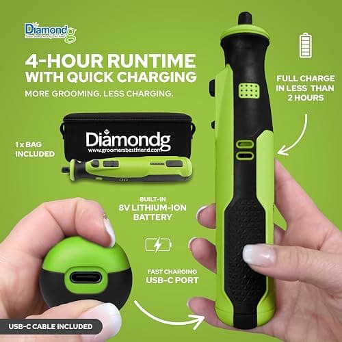 Diamondg Cordless Dog Nail Grinder with Quiet Sound & LED Tip for Large & Small Dogs, 4hrs. Runtime, 2 Bits Included, Green thumbnail 2