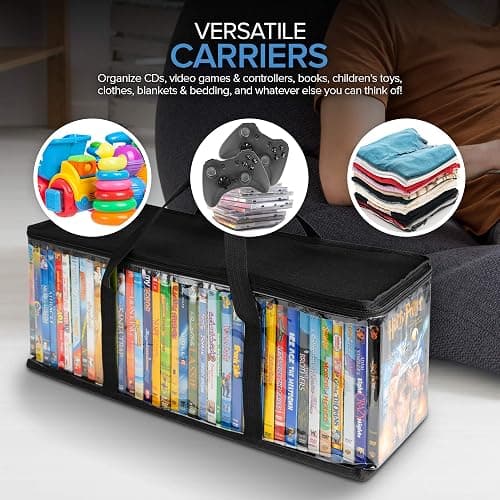 Stock Your Home DVD Storage Bags (Set of 4) Media Organizer Bag for DVDs, CDs, Blu Ray Disc, Movie Cases, VHS Box, Video Game Disks, Clear Plastic Holders with Carrying Handles and Zipper - Black thumbnail 7
