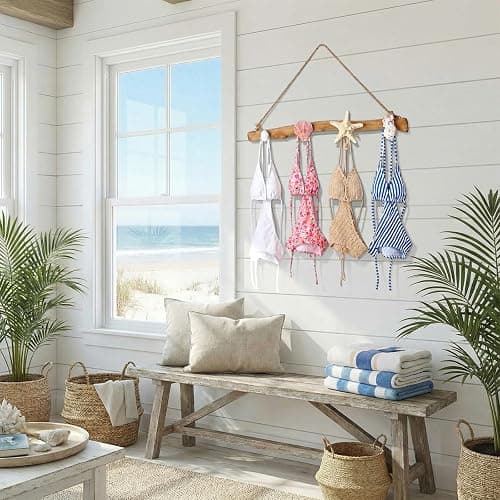 Gerrii 16 Inch Seashell Bikini Rack Driftwood Wall Mounted Hook Swimsuit Organizer Coastal Wooden Coat Rack for Summer Ocean Theme Beach Bathroom House Decor Swimming Pool(Classic) thumbnail 4