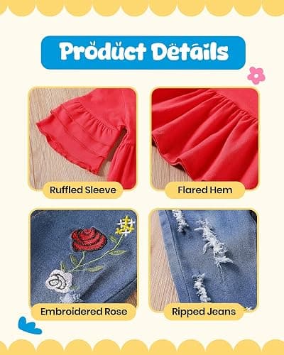 NZRVAWS Baby Girl Clothes Toddler Girl Outfits Infant Ruffle Shirt Denim Ripped Jeans Cute Clothing Set thumbnail 6