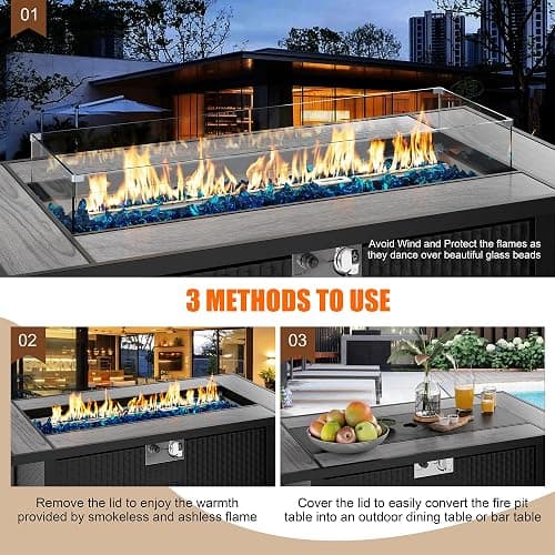 45 inch Outdoor Propane Fire Pit 50,000 BTU Gas Fire Pit Table with Lid, Glass Wind Guard, Waterproof Cover, Rectangle Gas Firepit Table for Garden/Patio, CSA Certification thumbnail 4