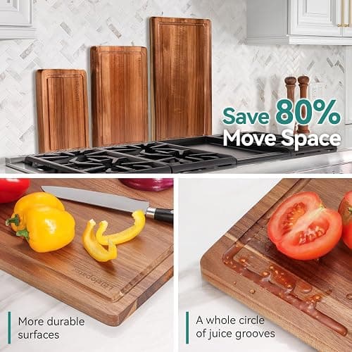 Acacia Wood Cutting Board，Solid Wood Cutting Board for Kitchen with Holder with Deep Juice Grooves & Built-in Handles, Durable Wooden Chopping Board Set of 3 for Meat, Vegetables and Fruits thumbnail 5