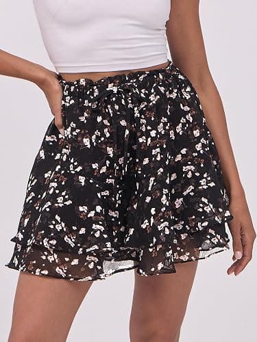 Caracilia Skorts for Women Boho Casual Beach Mini Skirts Summer Floral Ruffle Chiffon Flowy Shorts 2025 Trendy Outfits - Black Beige Floral - Small thumbnail 2