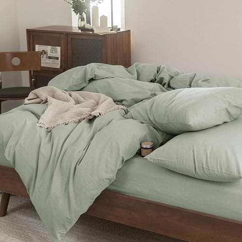 FOSSA Duvet Cover Set 100% Washed Cotton Linen Feel Super Soft Breathable Cozy 3 Pieces Bedding Sets Solid Sage Green Full/Double thumbnail 5