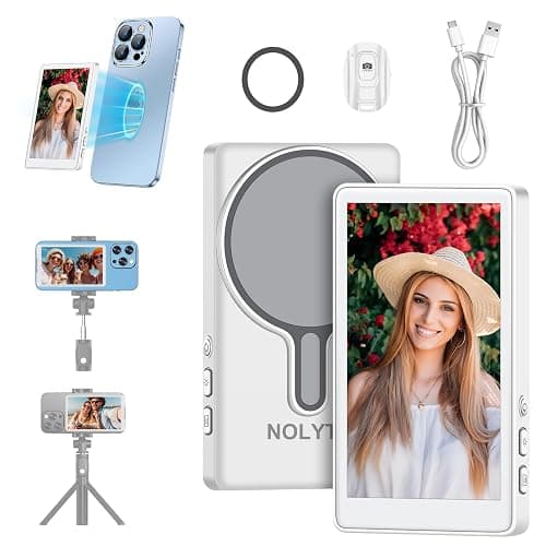 NOLYTH Selfie Monitor Screen iPhone: Magnetic Wireless Phone Back Camera Monitor for Content Creator Photo Video Recording Bluetooth Remote 4.02-inch Display Ideal for Vloggers White - Image 1
