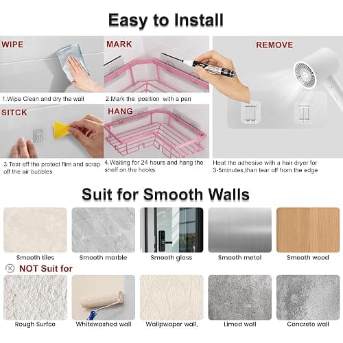 Liuoud Corner Shower Caddy 5 Pack, Rustproof Stainless Steel Shower Organizer with Soap Rack Toothbrush Holder, Large Capacity Adhesive No Drilling Bathroom Kitchen&Home Decor Set, Pink thumbnail 8