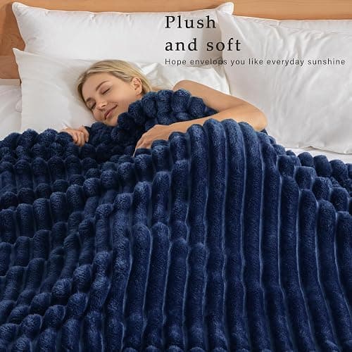 Exclusivo Mezcla Fleece Throw Blanket for Couch, Super Soft Striped Jacquard Bed Blanket, Lightweight Fuzzy Cozy for All Seasons, 50x60 Inches, Navy Blue thumbnail 3