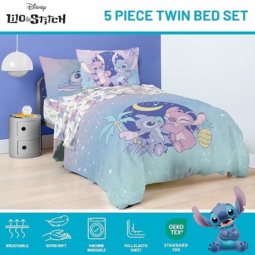 Jay Franco Disney Lilo and Stitch Twin Size Comforter Set - 5 Piece Floral Bedding Includes Sheet Set & Pillow Covers Features Angel - Super Soft Purple & Teal Stars Kids Bedding thumbnail 6