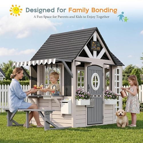 Albott Kids Outdoor Wooden Playhouse with Kitchen Playset, Backyard Cottage for Kids with Bench, Chalkboard, Pet Door, Wooden Mailbox and Flowerpot, Backyard Play House for Boys and Girls Ages 3-8 thumbnail 6