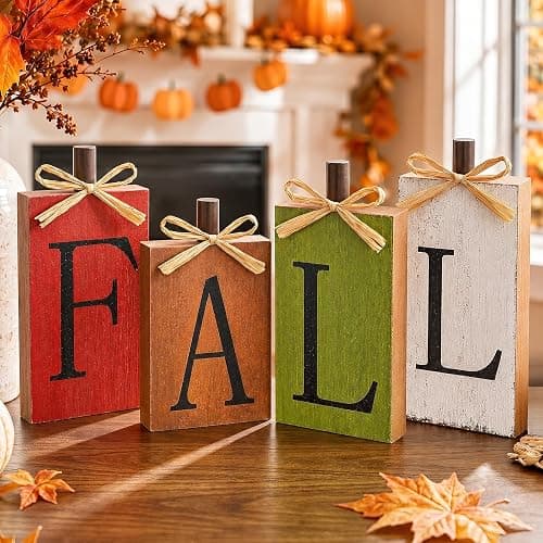 OLANRUN Fall Decorations for Home, Fall Decor - 4Pcs Vintage Wooden Autumn Thanksgiving Decorations for Table Indoor Home Office Farmhouse Kitchen Room Bedroom Mantel Tiered Tray Rustic Wood Signs - Image 1