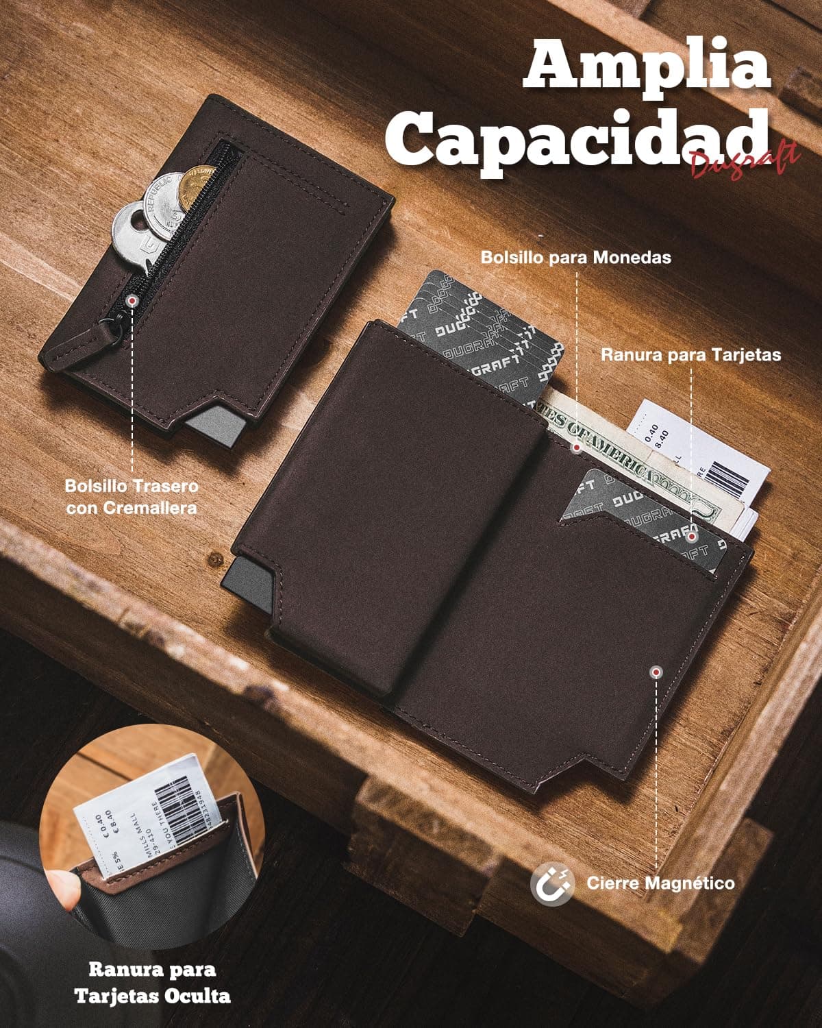 Tarjetero de Cuero, DUGRAFT Cartera para Hombre RFID Bloqueo Antirrobo Tarjetero para Caballero Plegable,con Bolsillo de Moneda Cierre Del imán Billetera, para Efectivo y Monedas, Regalos para Hombre thumbnail 3