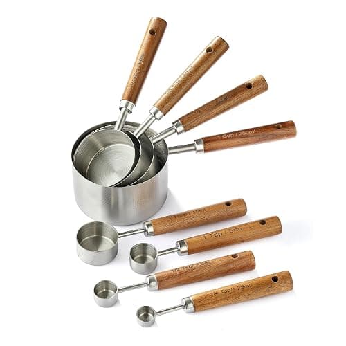 8PCS Measuring Cups, DAJLFA Stainless Steel Measuring Cups and Spoons Set with Ergonomic Wooden Handle for Cooking & Baking - Image 1
