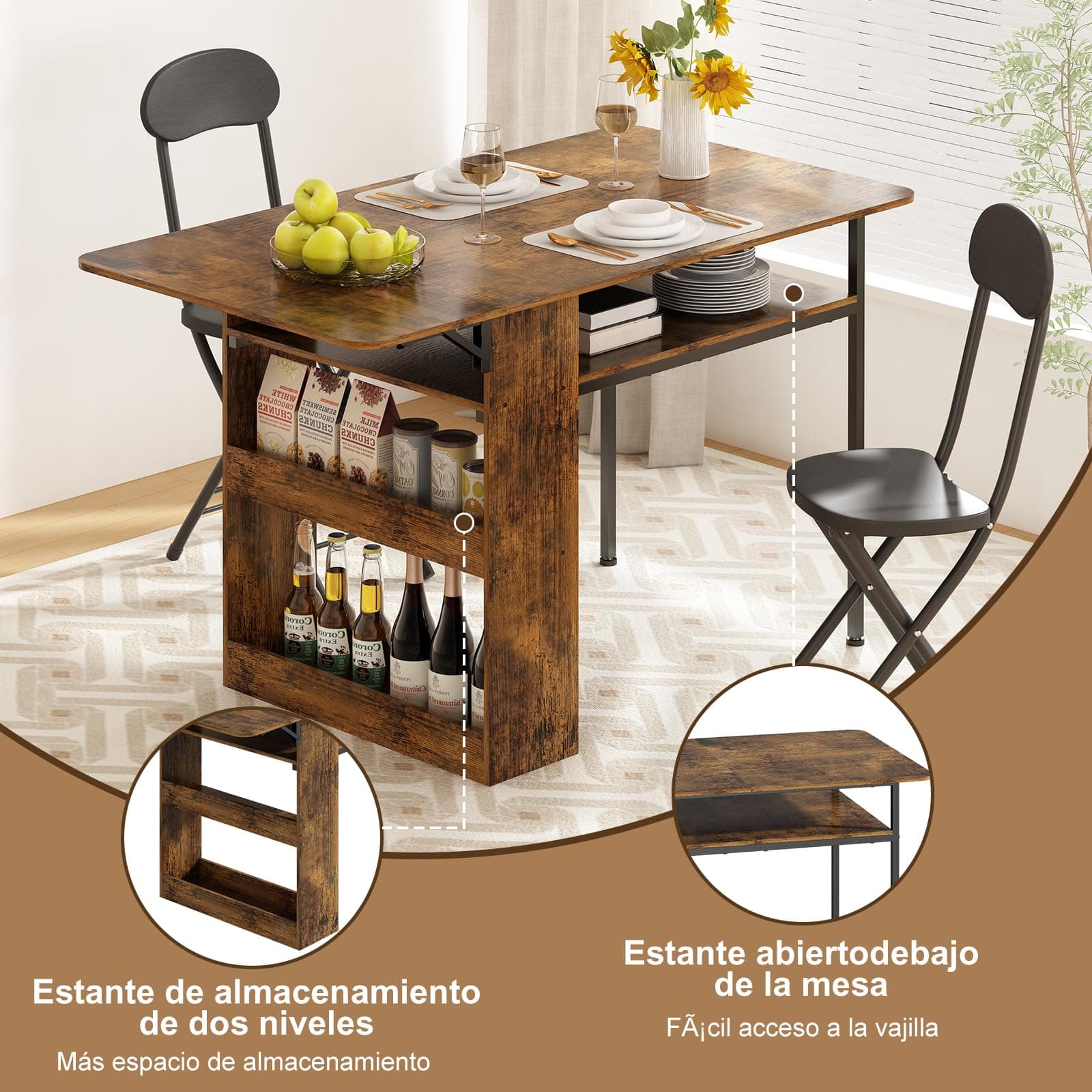 Mesa Plegable para Cocina, Mesa de Comedor con Estantes de Almacenamiento,Ahorro de Espacio, Mesa de Cocina 2 o 4 Personas Extensible, Adecuada para Sala de Estar, Cocinas, Terraza y Oficinas thumbnail 9