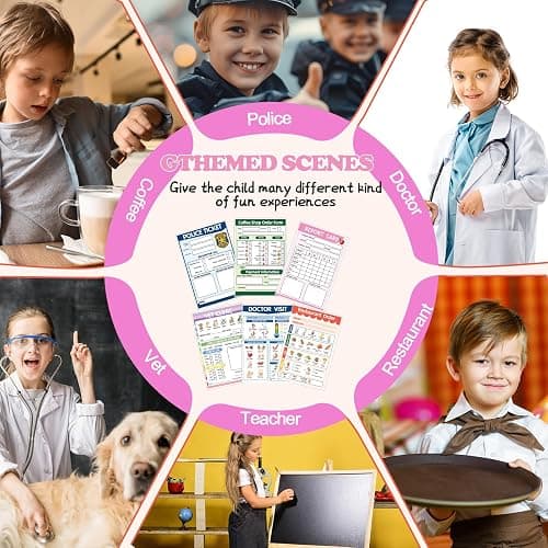 Eaasty 15 Pcs Kids Pretend Game Cards Set Include 6 Reusable Dry Erase Pads 6.3" x 8.7" 1 Canvas Bag 8 Erasable Markers for Imaginative Role Playtime Doctor Police Teacher Vet Coffee Restaurant thumbnail 7