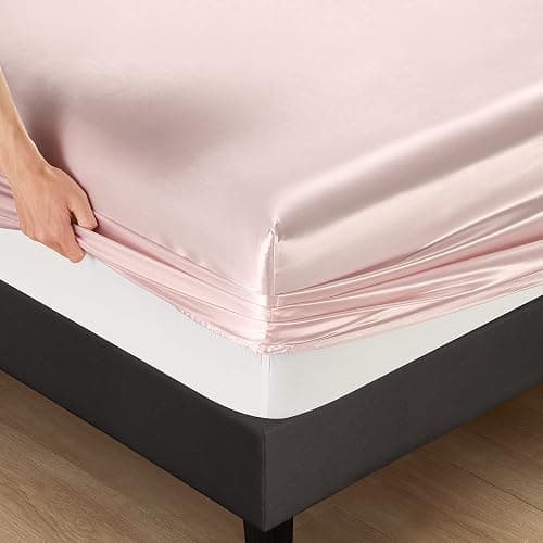 HommxJF Silk Satin Blush Pink Twin Fitted Sheet, Deep Pocket Fitted Sheet Only, Breathable, Non- Fading, Fully Elasticized Bed Sheets Sold Separately thumbnail 7