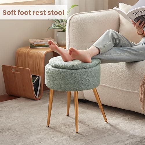 ZYKZYK Small Vanity Stool Chair with Storage and Folding Back,4 Metal Legs with Anti-Slip Feet,Round Ottoman with Velvet Seat, Furry Padded Seat for Makeup, Bedroom (Green, Small) thumbnail 4