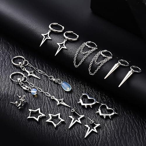 Quelay 8 Pairs Dangle Hoop Earrings for Men Women Punk Y2k Goth Gothic Tassel Chain Drop Star Moon Stud Earrings Gift thumbnail 3