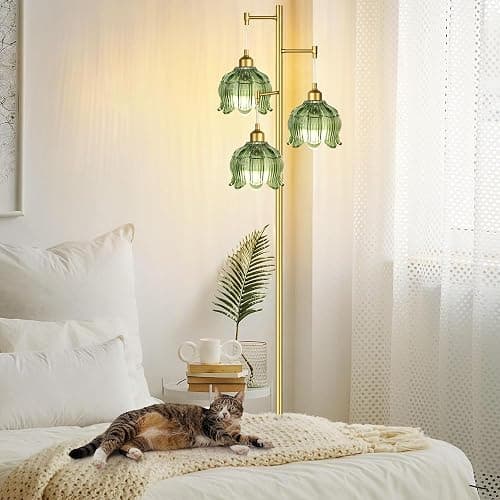 Vintage Floor Lamps for Living Room Bedroom-3 Light Glass Floor Lamp with Three Led Bulb, Flower Tall Floor Lamp Gold Mid Century Modern Standing Lamp Tree Floor Lamps for Living Room Bedroom Corner thumbnail 2