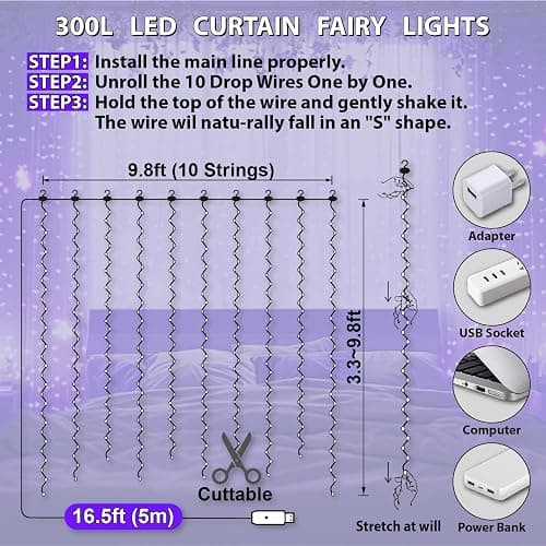 HXWEIYE 300LED Fairy Curtain Lights, 9.8x9.8Ft USB Plug-in 8 Modes Christmas String Hanging Lights with Remote for Bedroom Backdrop Wedding Indoor Wall Decor, Purple, Standard – 1 Pack thumbnail 5
