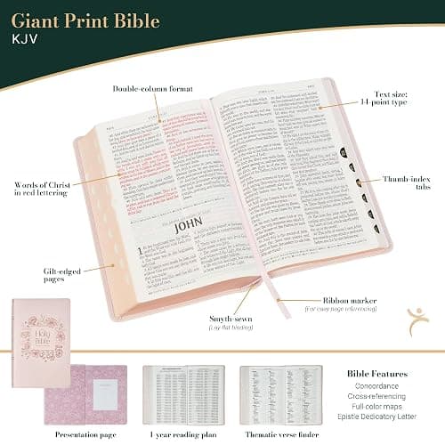 KJV Holy Bible, Giant Print Standard Size Red Letter Edition, Thumb Index Tabs & Ribbon Marker, King James Version, Vegan Leather, Pink, 14 pt. Type thumbnail 2