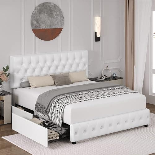 Full Size Bed Frame with 4 Storage Drawers and Adjustable Headboard, Upholstered Faux Leather Platform Bed with Button Tufted Design, Strong Wooden Slats Support, No Box Spring Needed, White thumbnail 5