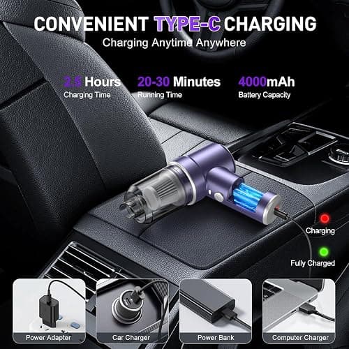 KMM Handheld Car Vacuum Cleaner, 9000PA Vacuum Cleaner & Air Duster, 120W High Power Vacuum Portable Cordless, Hand Held Vacuum Rechargeable with Multi-Nozzles & LED Light for Home, Car, Office thumbnail 4