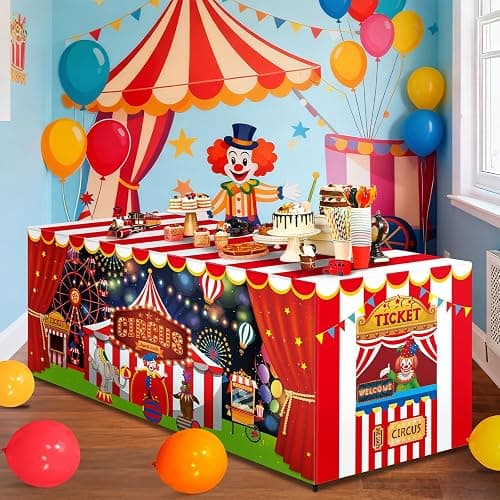 6 FT Carnival Party Table Cover for Kids Circus Tablecloth Carnival Washable Fabric Polyester Rectangle Table Cover Decor Circus Activity Gift for Night Halloween Birthday Movie Party Supply - Image 1