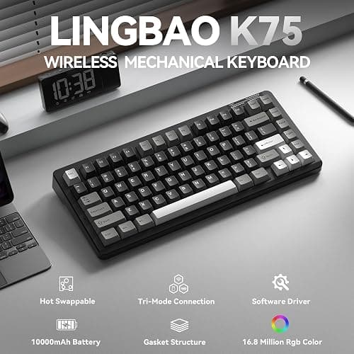 LINGBAO K75 Wireless Mechanical Gaming Keyboard 75%, 10000mAh Battery | Tri-Mode Wireless Gaming Keyboard, Rechargeable Mechanical Keyboard, RGB Gasket Hot-Swappable Creamy Switch, Custom Driver thumbnail 2